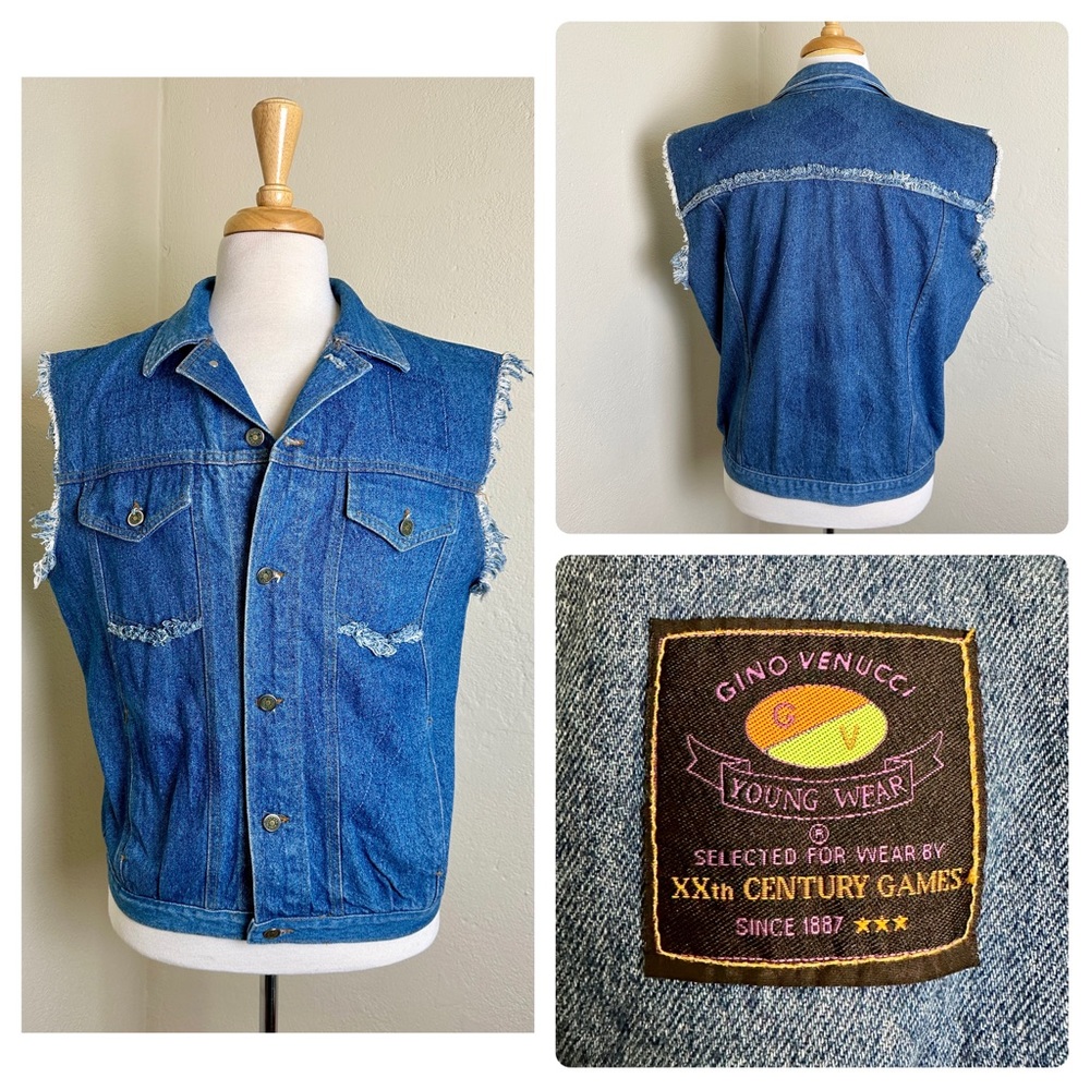 VTG 80's 90's GINO VENUCCI Denim Jean Vest! Street Style USA Made Frayed sz M L